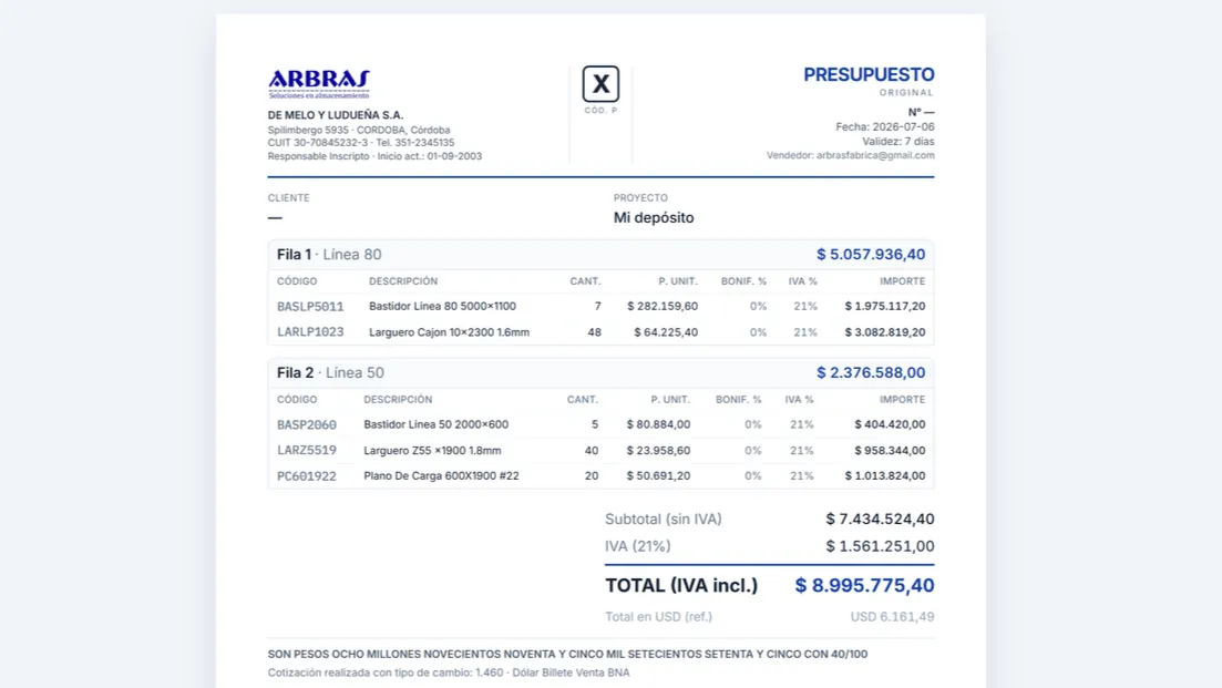 Cotizador Detallado — ARBRAS Studio